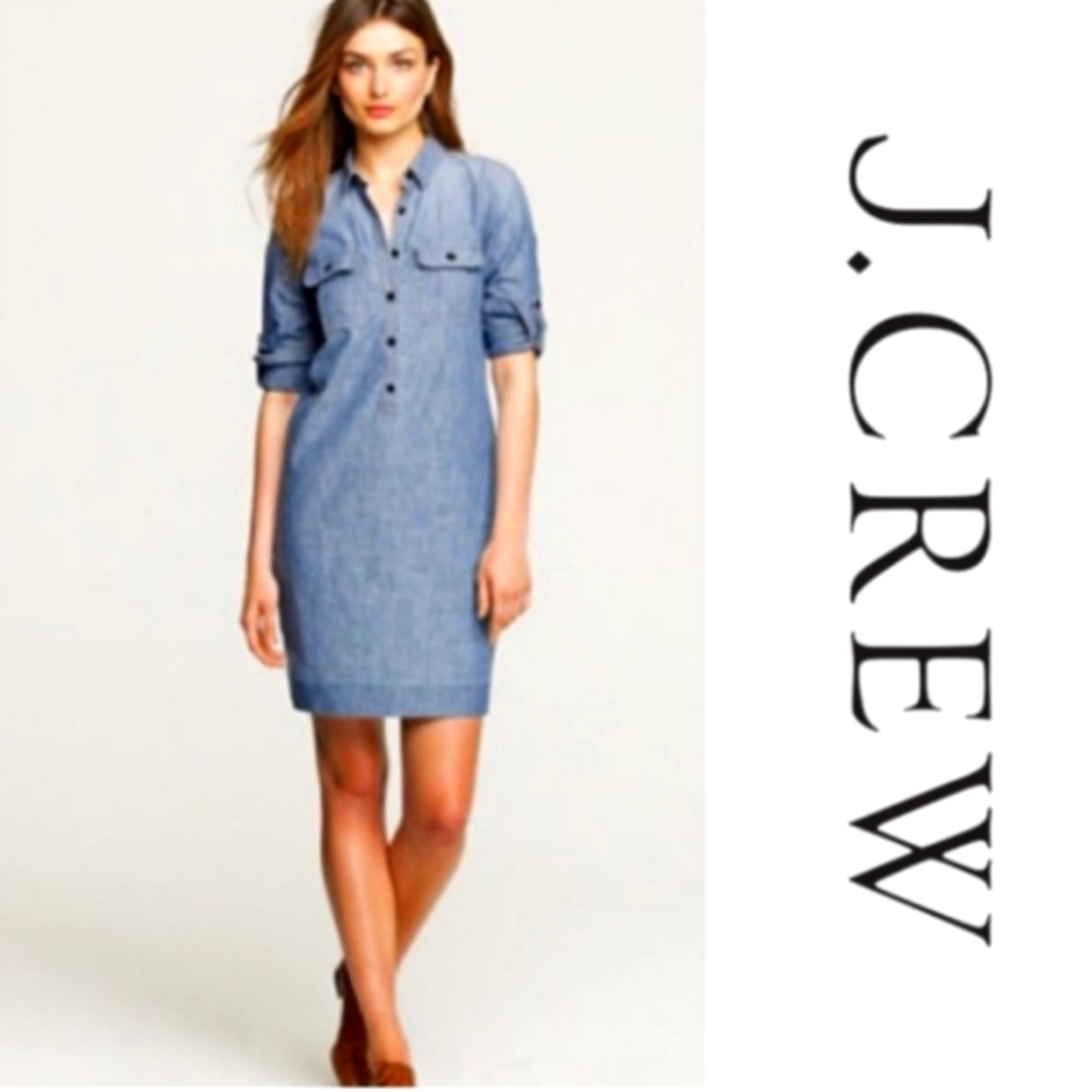 NWOT J. Crew Chambray Denim Shirt Dress Straight Hem 100% Cotton Long Sleeve